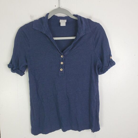 Chicos Linen Polo Womens S 0 Roll Tab Short Sleeves Preppy Lightweight Classic - Picture 1 of 8